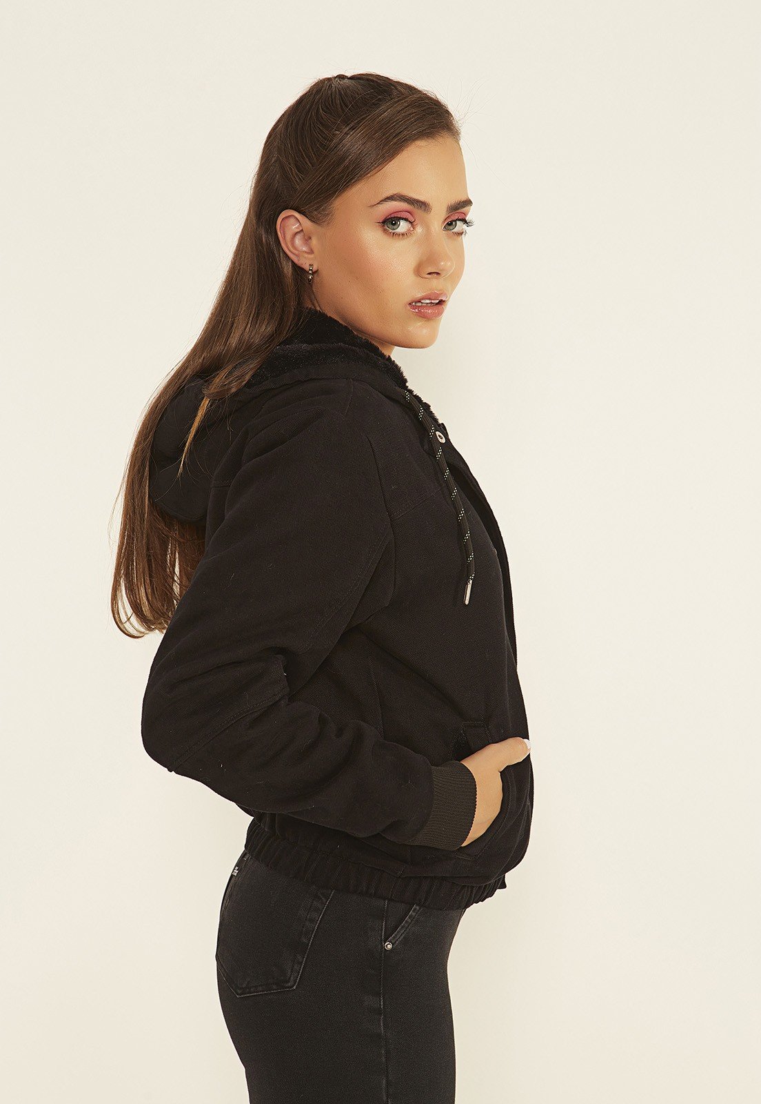 dz9148 alg jaqueta jenas feminina bomber com cadarco denim zero lado