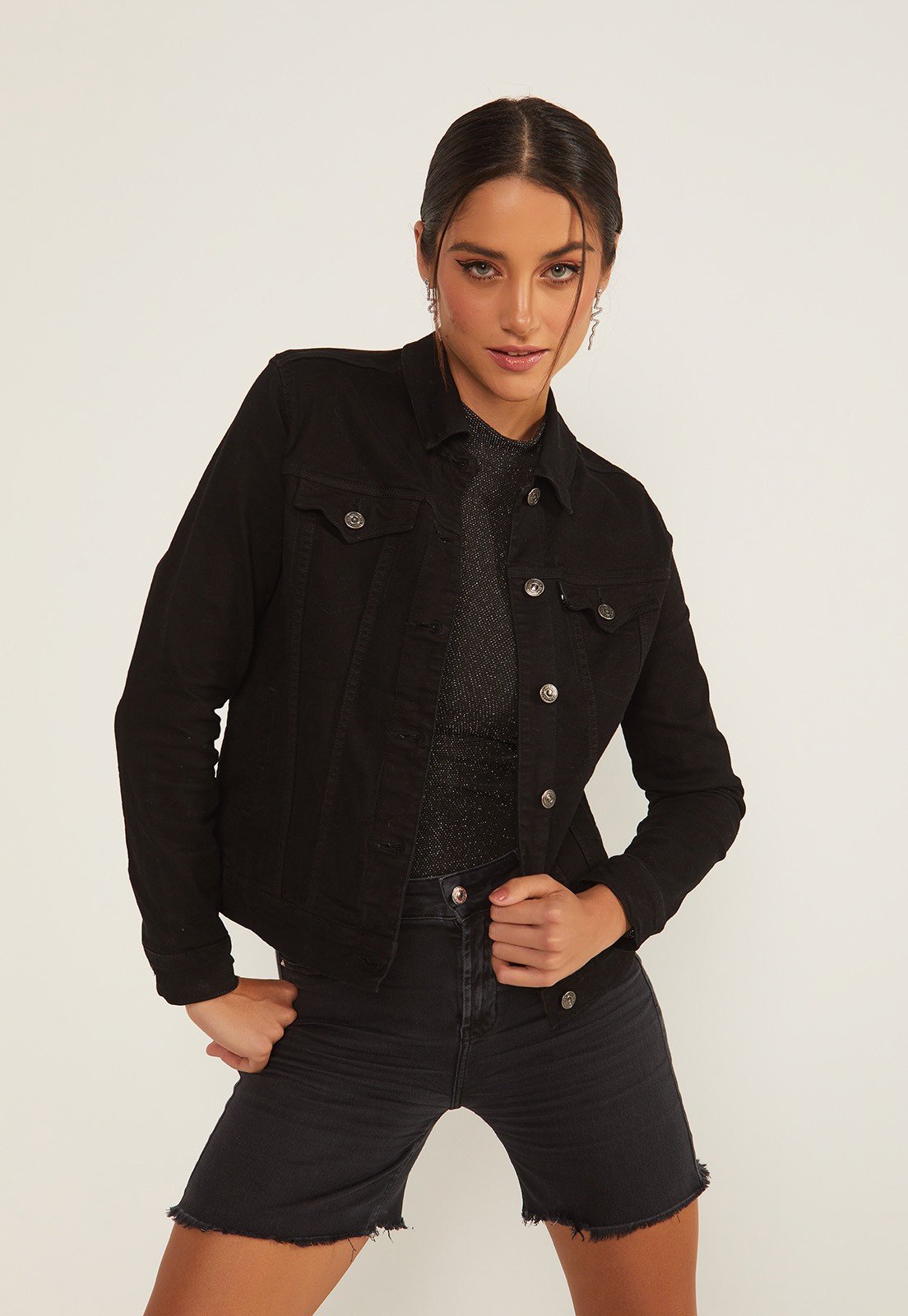 dz9142 com jaqueta jeans feminina elastano preto denim zero frente 02