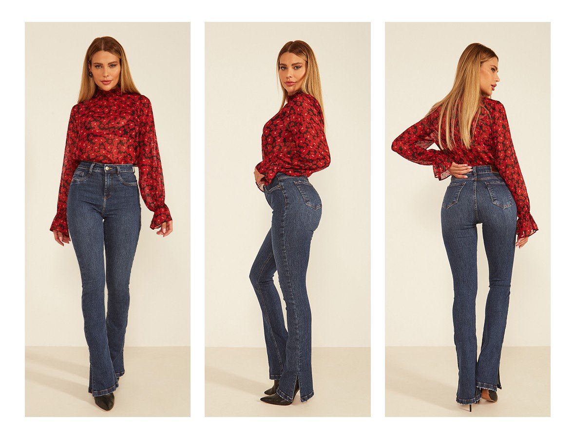 dz20072 com calca jeans feminina new boot cut media com abertura lateral denim zero trio