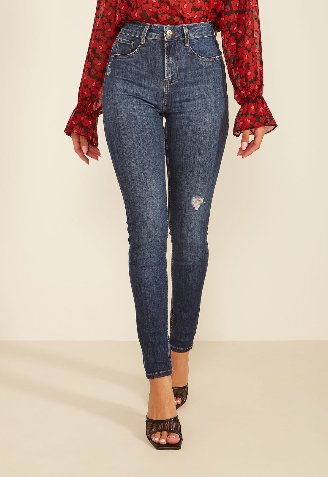 dz20063 re calca jeans feminina skinny media cigarrete com puidos denim zero frente prox