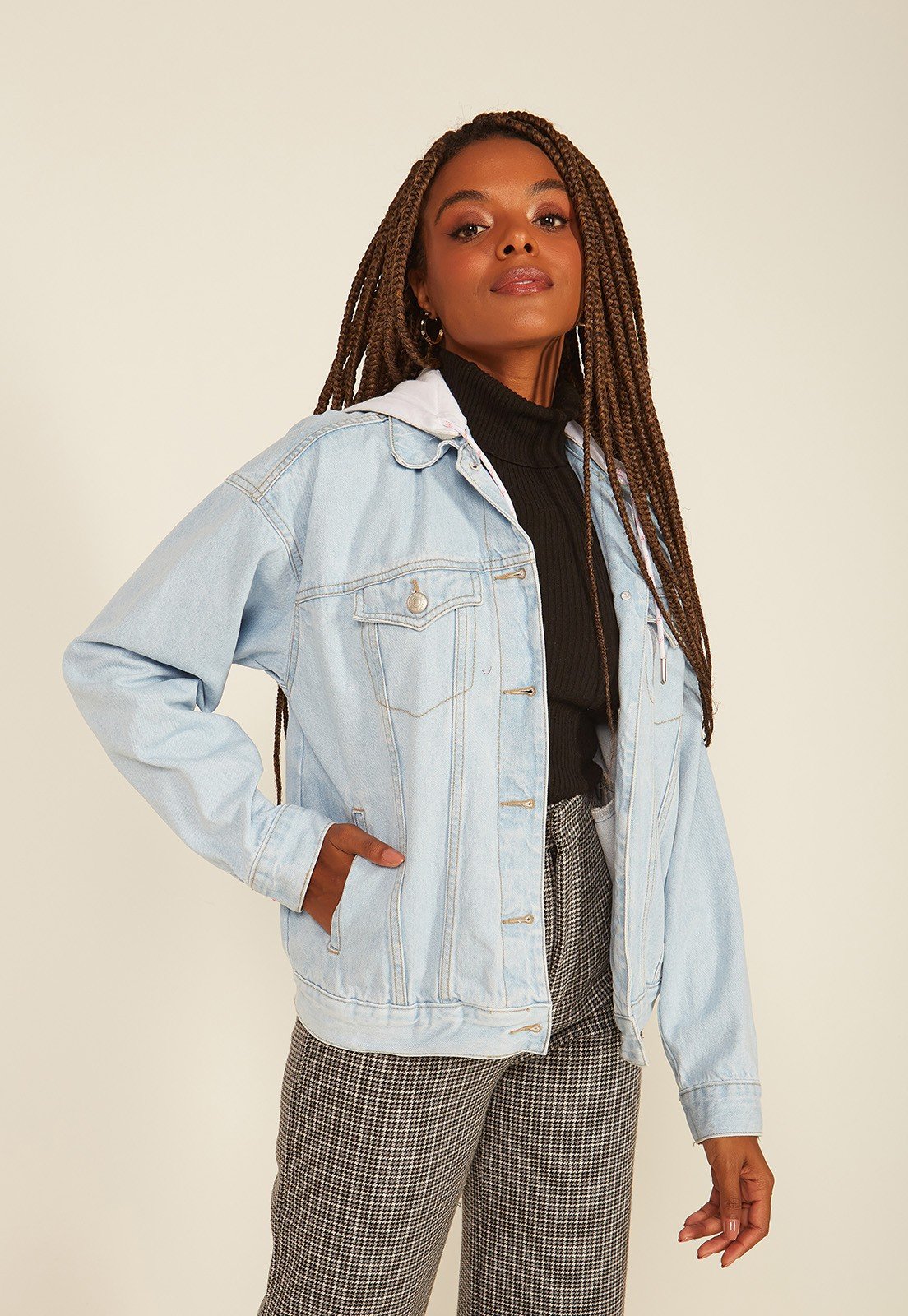 dz9159 alg jaqueta jeans feminina retro com capuz denim zero frente 2