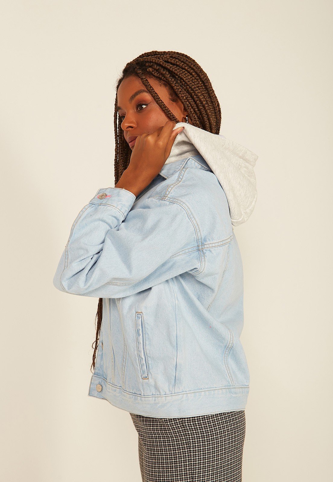 dz9159 alg jaqueta jeans feminina retro com capuz denim zero lado