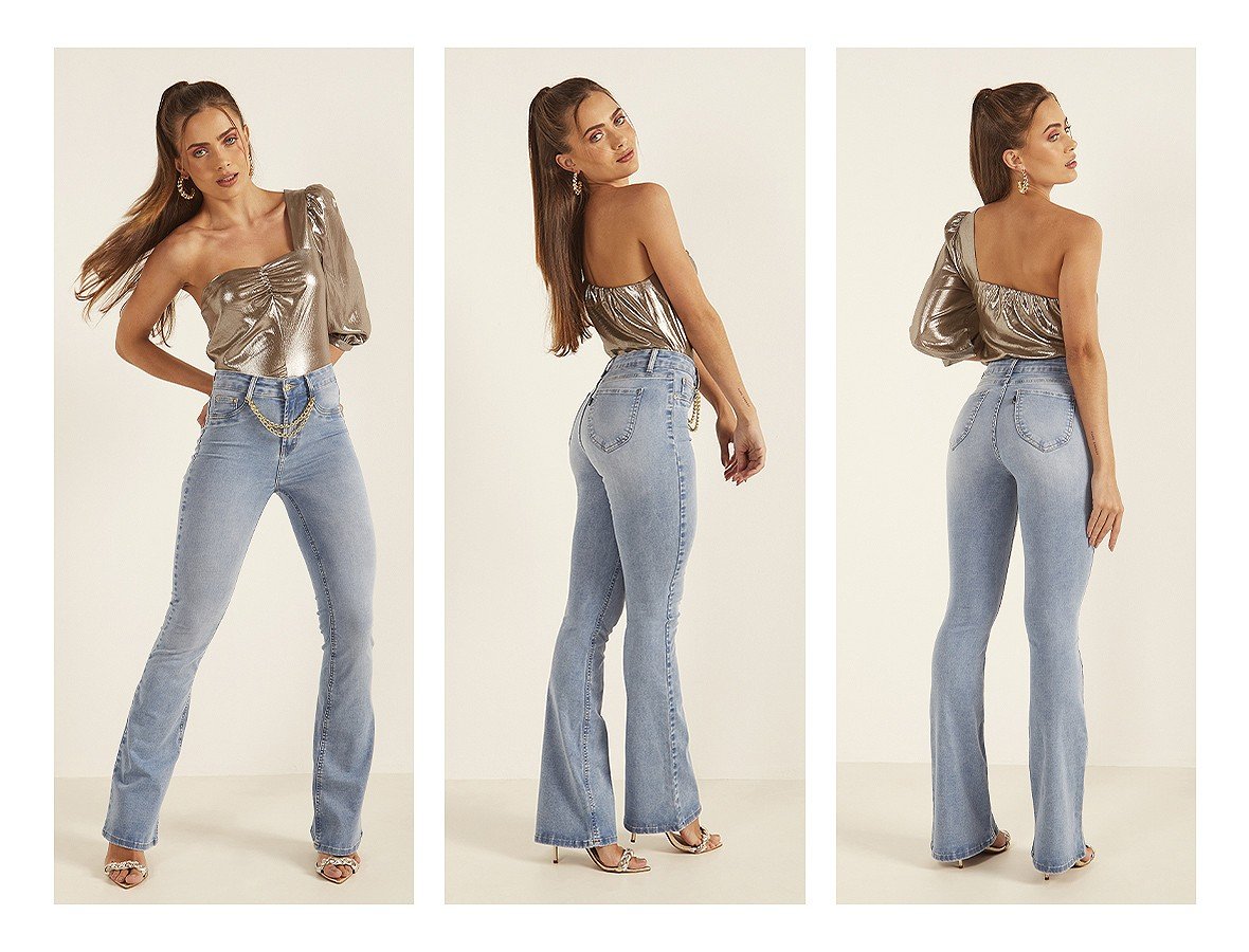 dz20104 re calca jeans feminina flare media com correntes denim zero trio