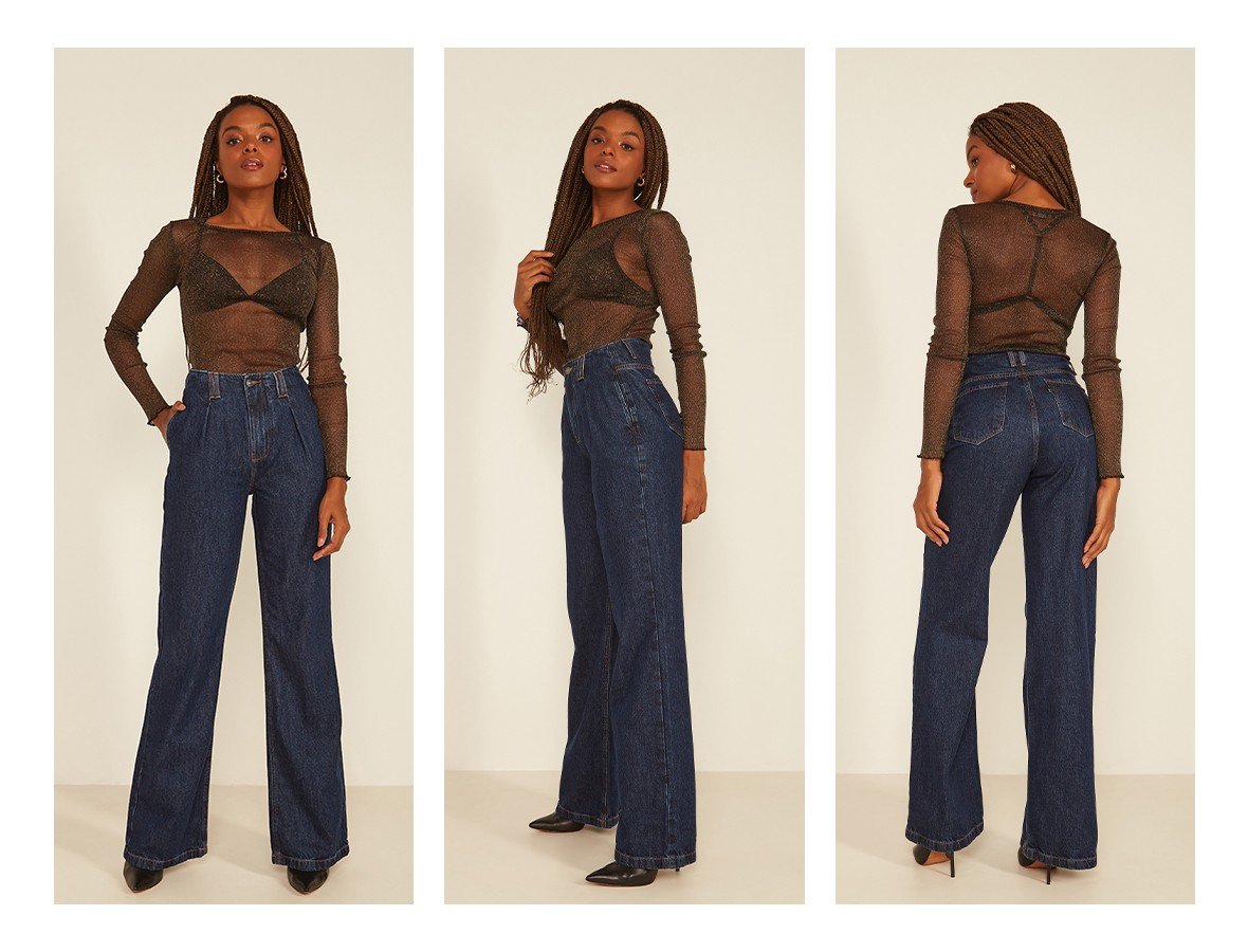 Calça Jeans Feminina Wide Leg Flare com Pregas - DZ20073