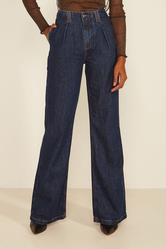 Calça Jeans Feminina Wide Leg Flare com Pregas - DZ20073