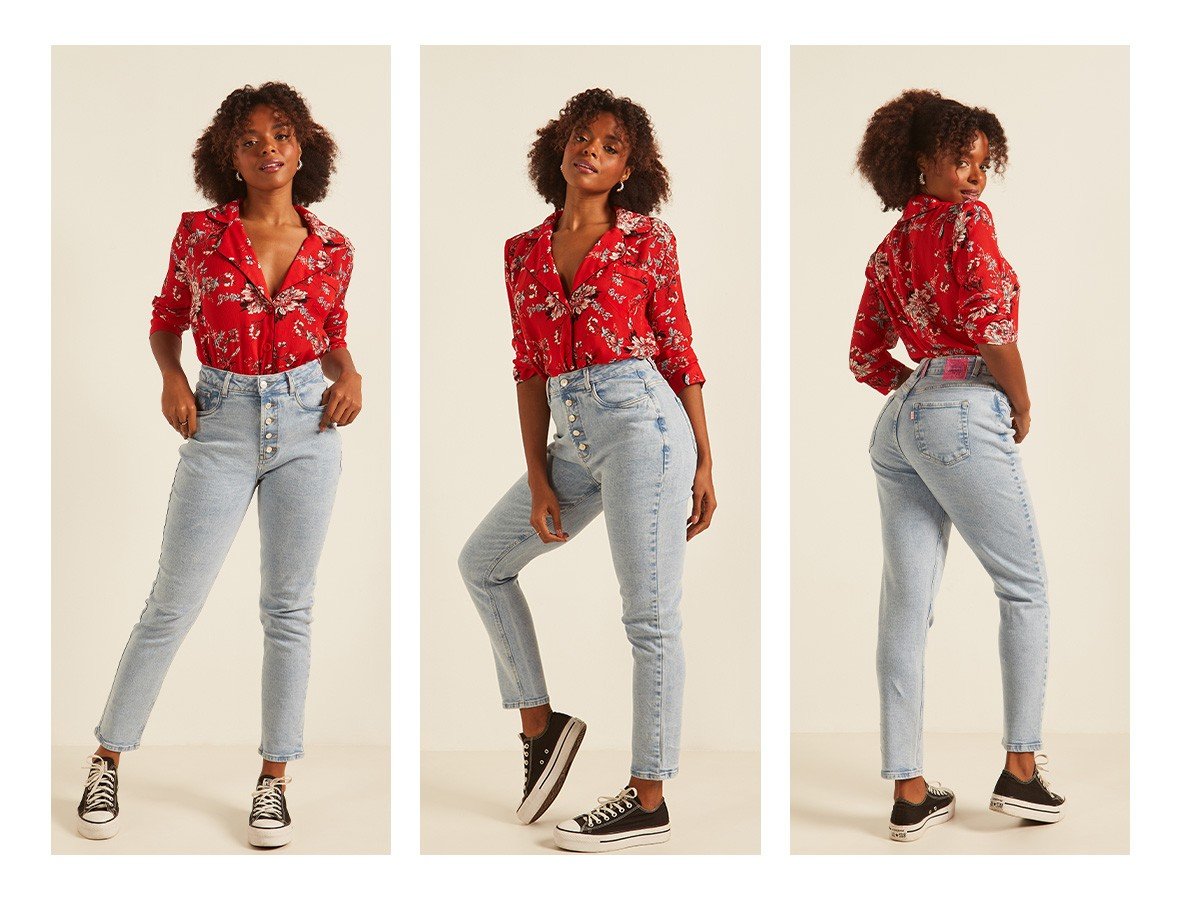 dz20157 com calca jeans feminina mom fit fechamentos em botoes denim zero trio