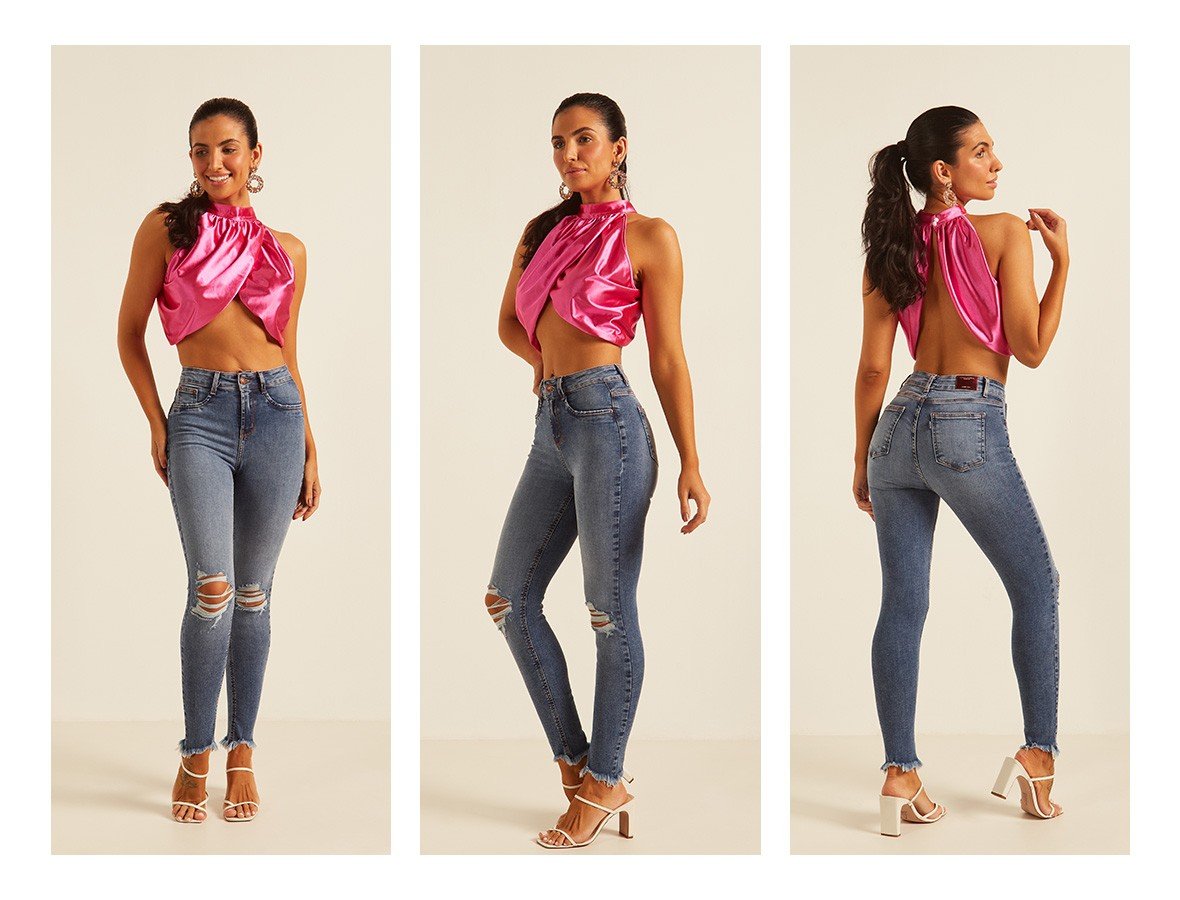 dz20167 com calca jeans feminina skinny media cigarrete com rasgos no joelho denim zero trio