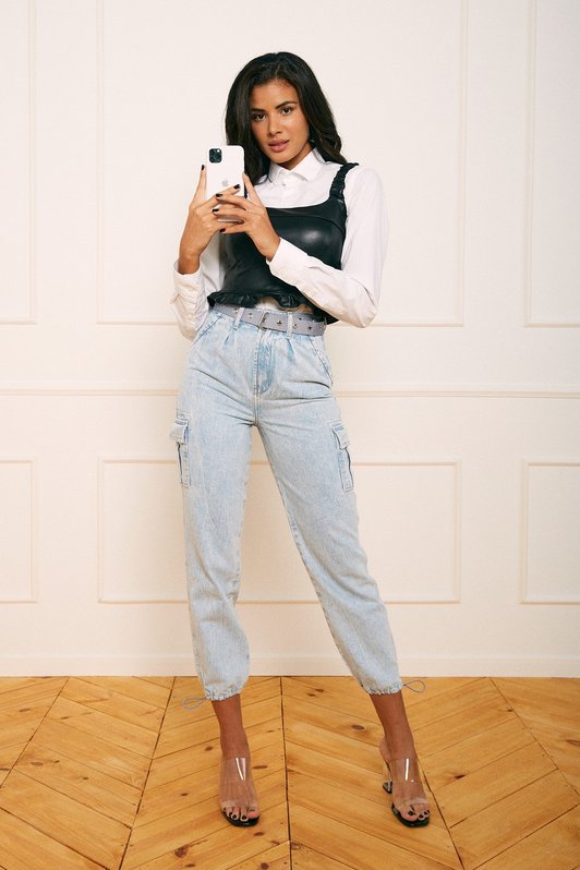 -Calça Jeans Feminina Balloon Com Cinto DZ+1068