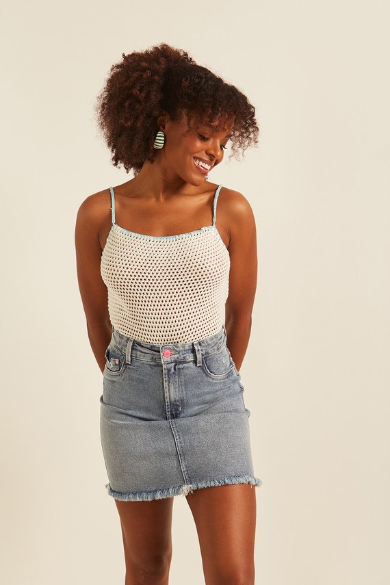 Saia Jeans Feminina Tubinho com Puídos - DZ7245