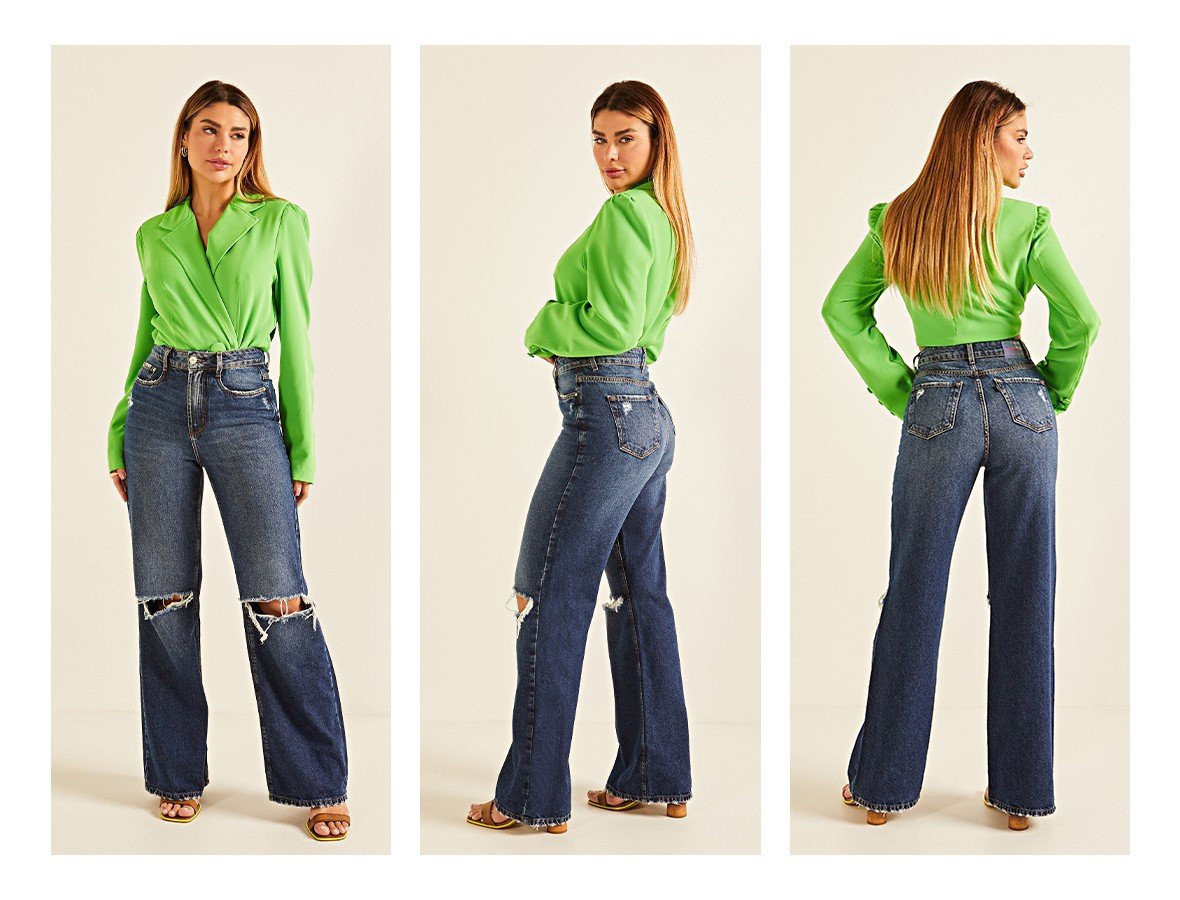 dz20178 alg calca jeans feminina wide leg flare com rasgos no joelho denim zero