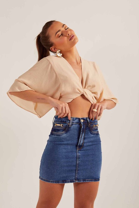 Saia Jeans Feminina Tubinho com Enfeite Decorativo - DZ7255