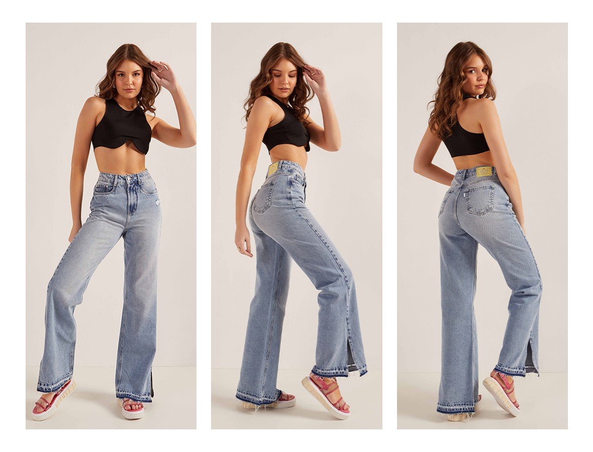 dz20203 alg calca jeans feminina wide leg flare com leve abertura lateral denim zero trio