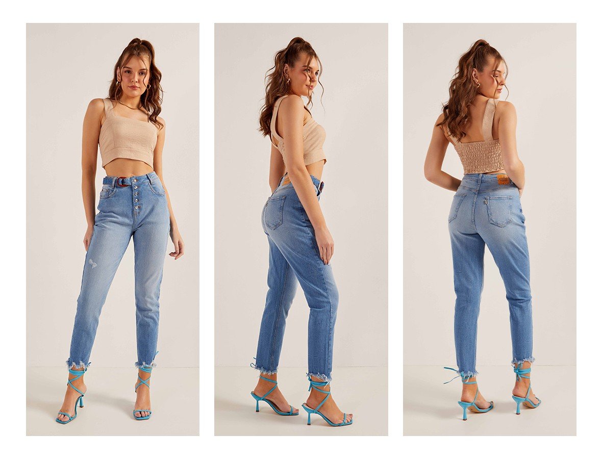 dz20210 com calca jeans feminina mom fit com fechamento de botoes denim zero trio