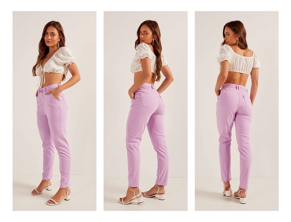 dz20247 calca jeans feminina mom fit colorida com cinto denim zero trio