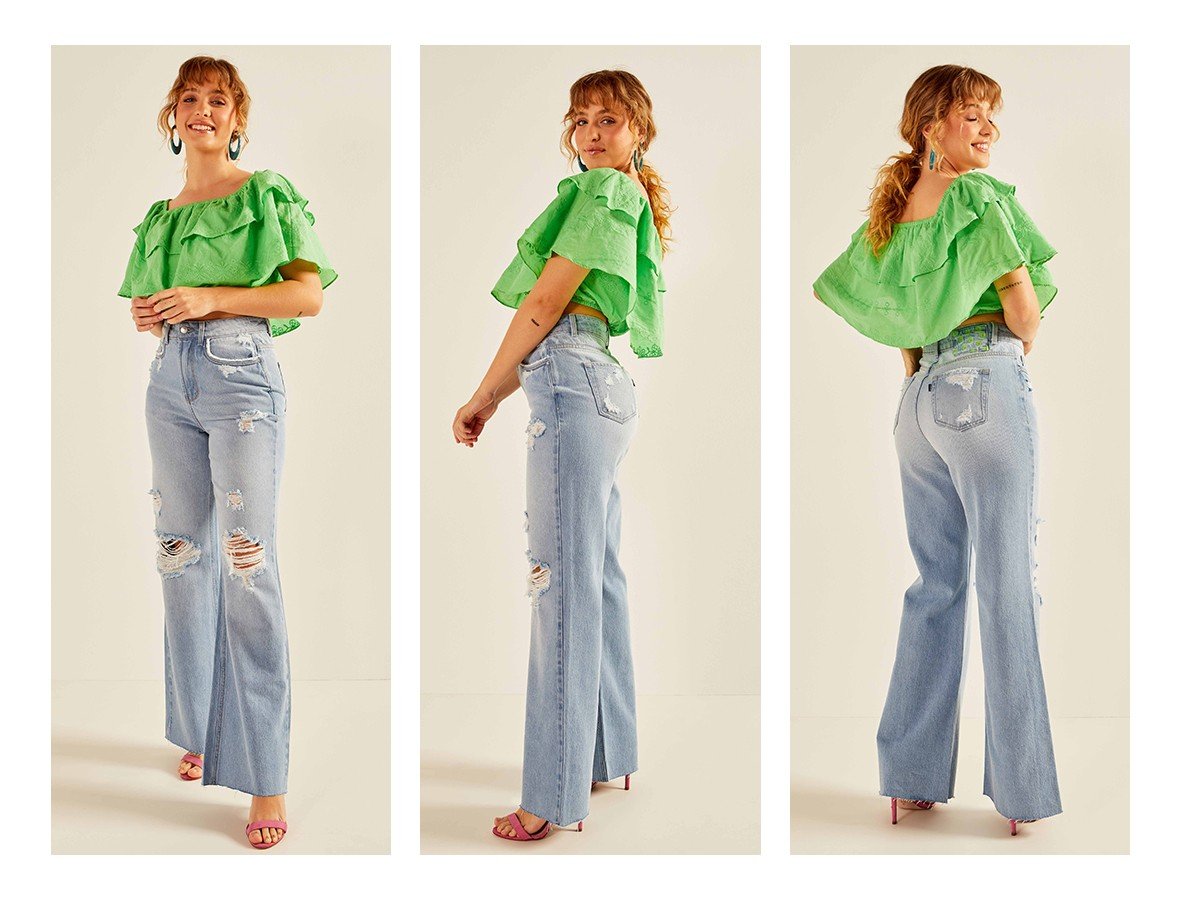 dz20227 alg calca jeans feminina wide leg flare com rasgos denim zero trio