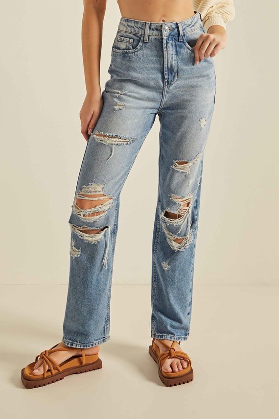 Calça Jeans Feminina Dad Pants Destroyed - DZ20251