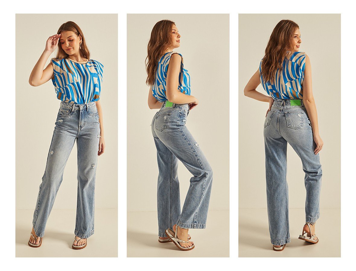 dz20252 alg calca jeans feminina wide leg flare com puidos denim zero trio