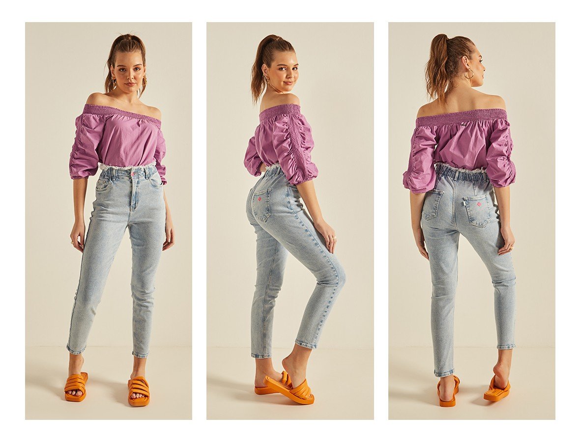 dz20260 com calca jeans feminina mom fit com elastico no cos trio