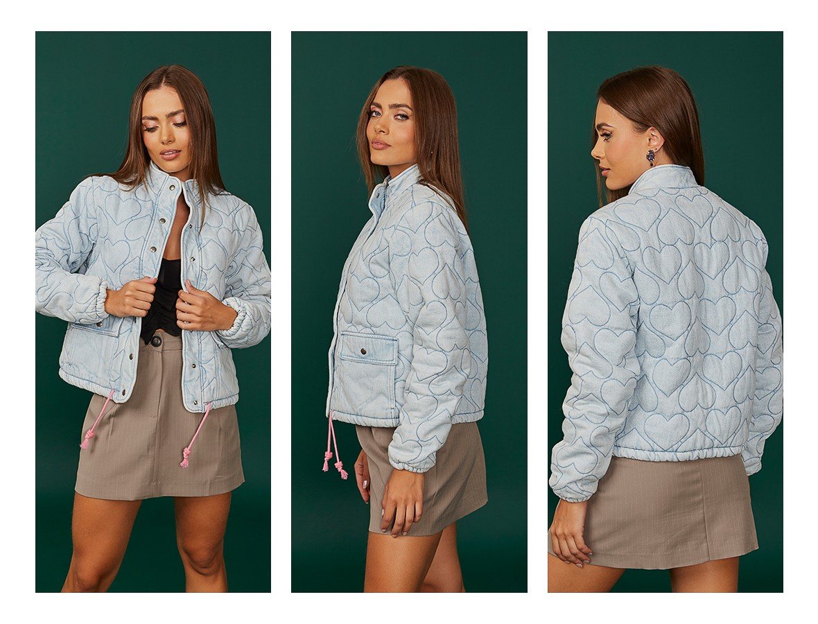 dz9173 jaqueta jeans feminina puffer com boradao de matelasse em coracao denim zero trio