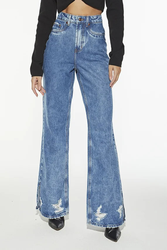 Calça Jeans Feminina Wide Leg com Abertura Lateral - DZ20412