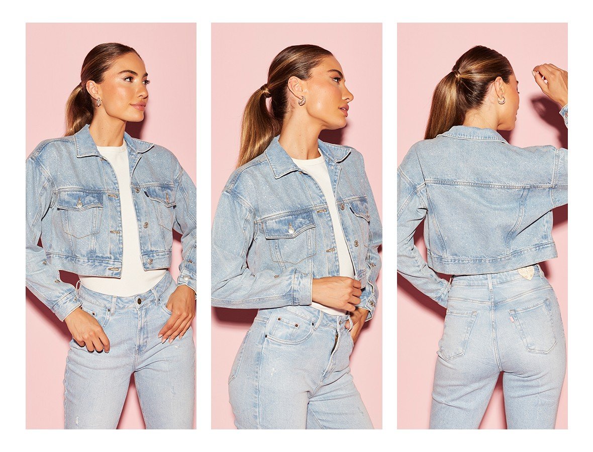 dz9183 alg jaqueta jeans feminina retro cropped com aplicacao de glitter denim zero trio