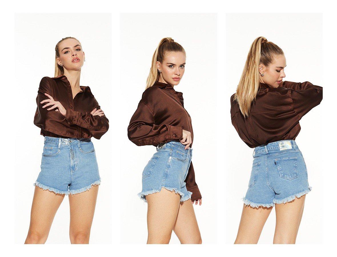 dz6679 com shorts jeans feminino setentinha fit com aplicacao de foil denim zero trio