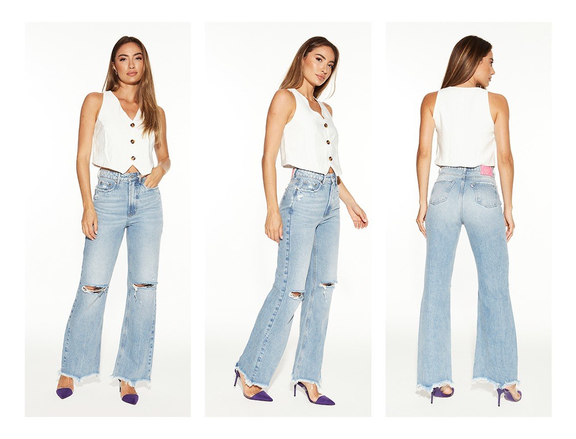 Calça Jeans Feminina Wide Leg com Rasgos na Cintura - DZ20493 Calça Jeans Feminina Wide Leg com Rasgos na Cintura - DZ20493