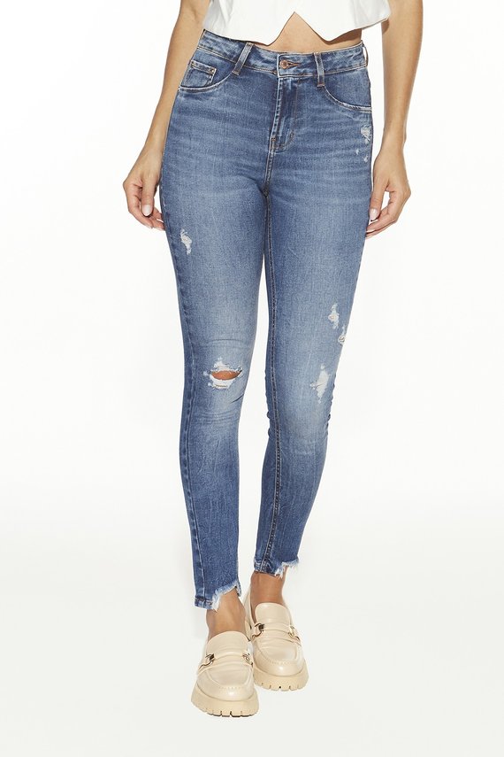 Calça Jeans Feminina Skinny Média Cigarrete Barra Desfiada - DZ20455