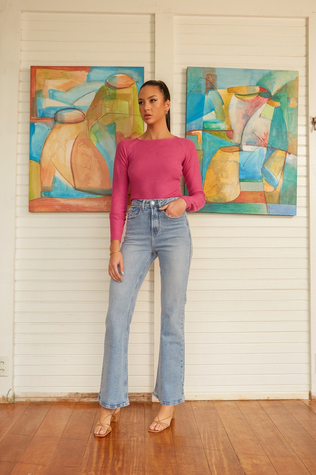 dz20475 com calca jeans feminina wide leg fit alongado denim zero frente 2