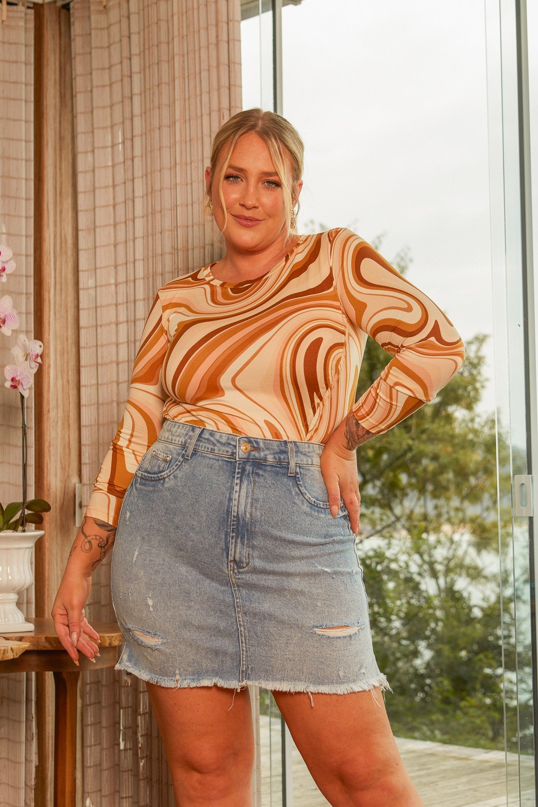 dz7271 com saia jeans feminino tubinho com puidos denim zero frenet 1