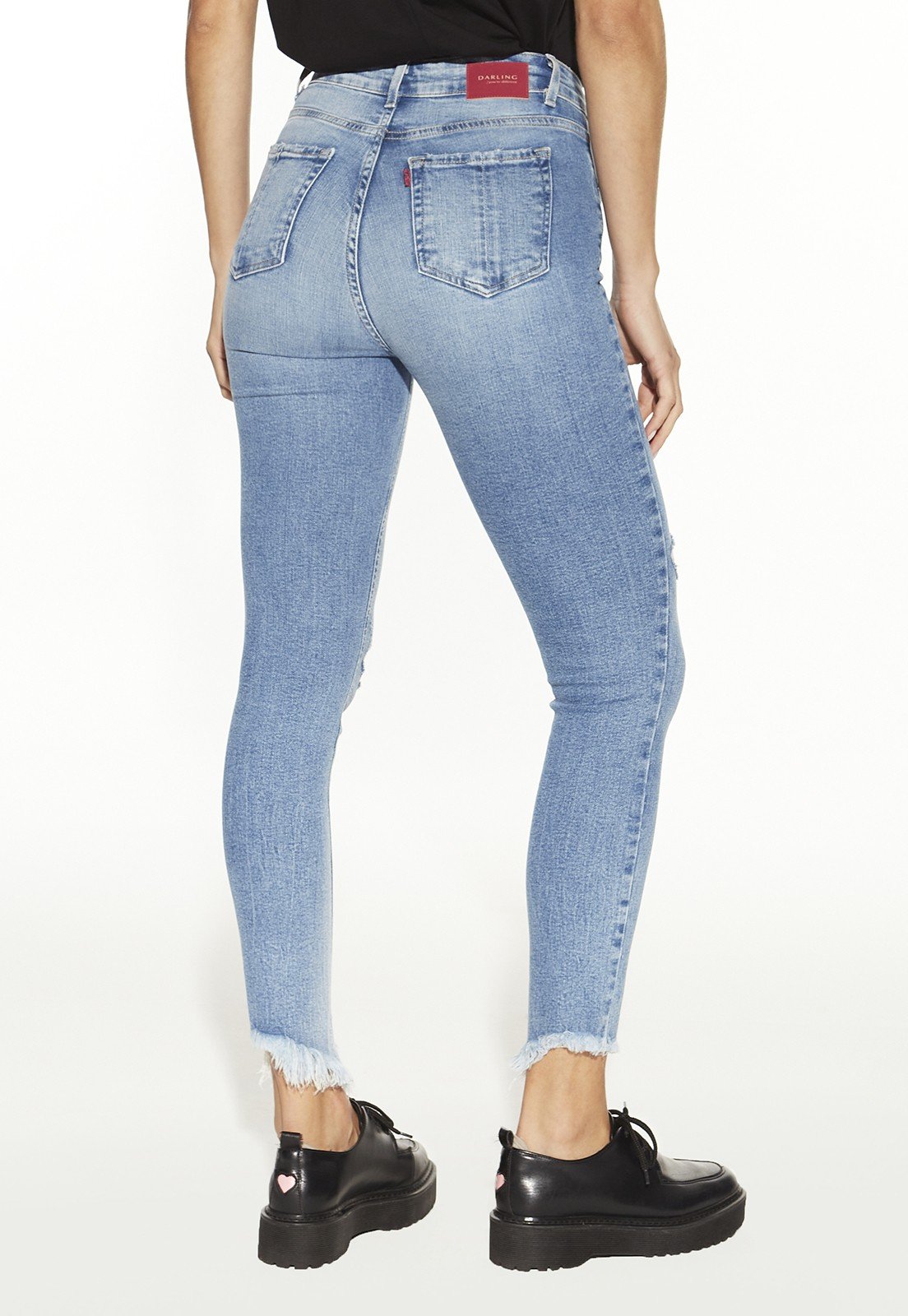 dz20491 com calca jeans feminina skinny media cigarrete com rasgo no joelho denim zero costas prox