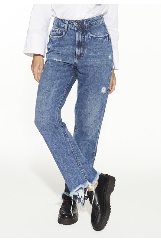 Calça Jeans Feminina Reta Tradicional com Puídos DZ20496