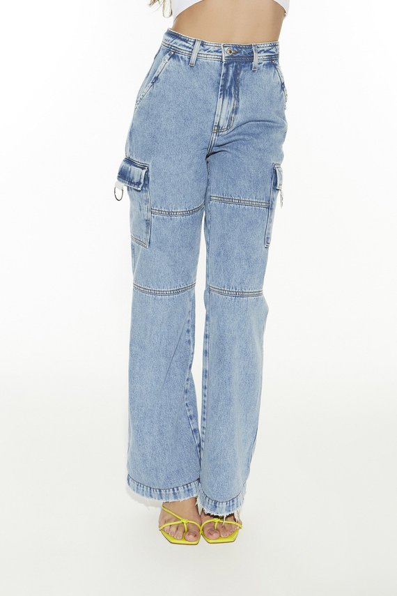 Calça Jeans Feminina Wide Leg com Bolsos Utilitários na Lateral - DZ20505