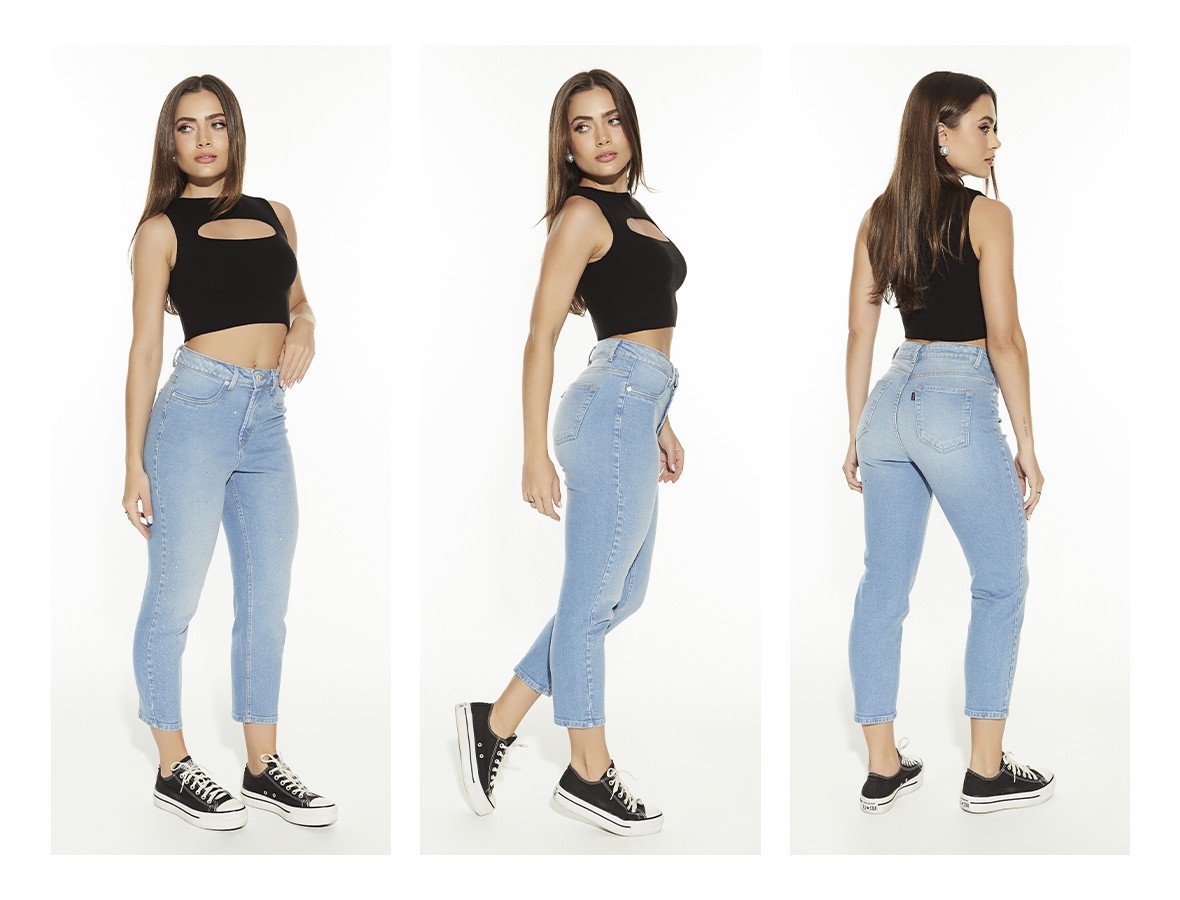 dz20502 com calca jeans feminina mom fit cropped com aplicacao de strass denim zero trio