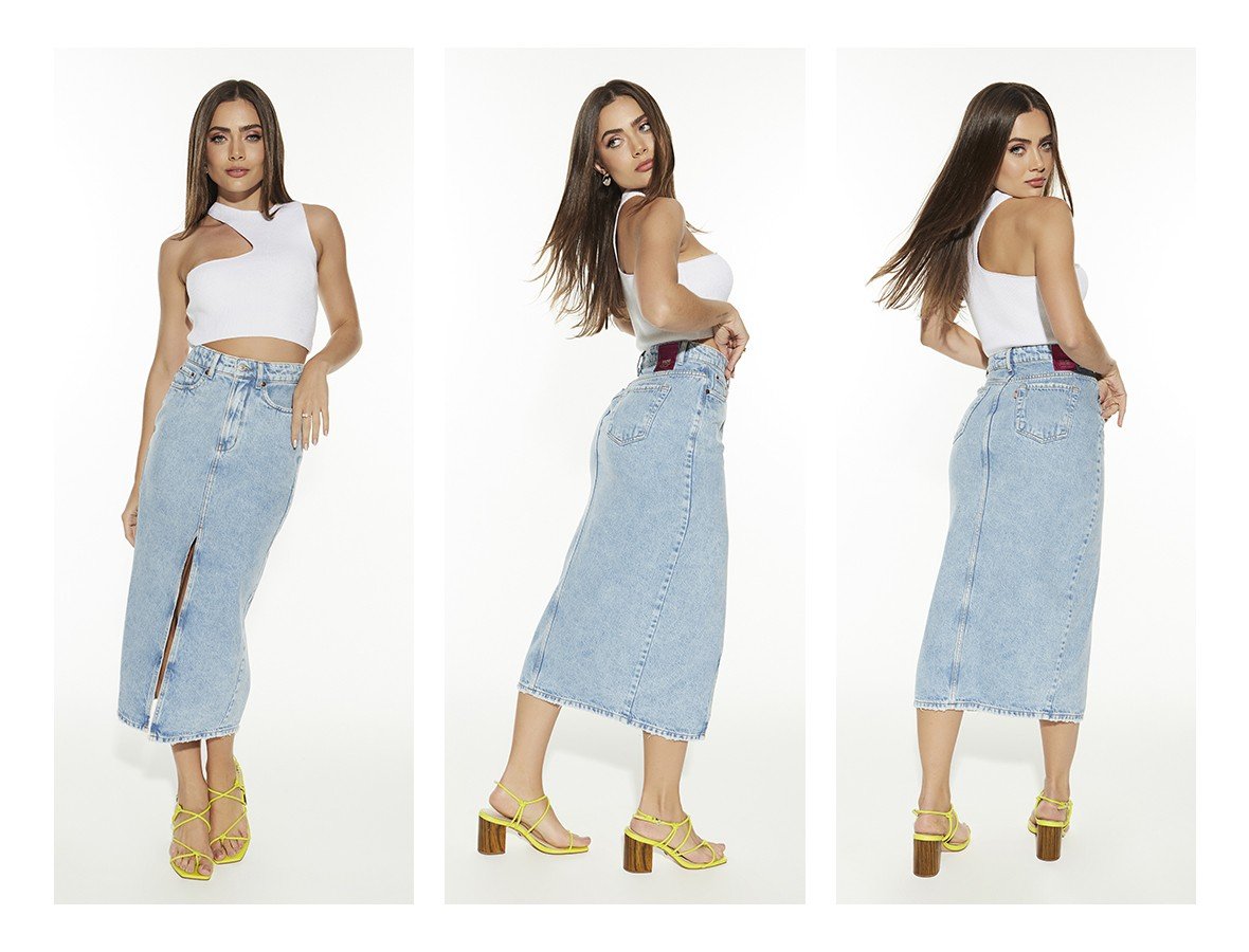 dz7273 alg saia jeans feminina regular midi com abertura frontal denim zero trio
