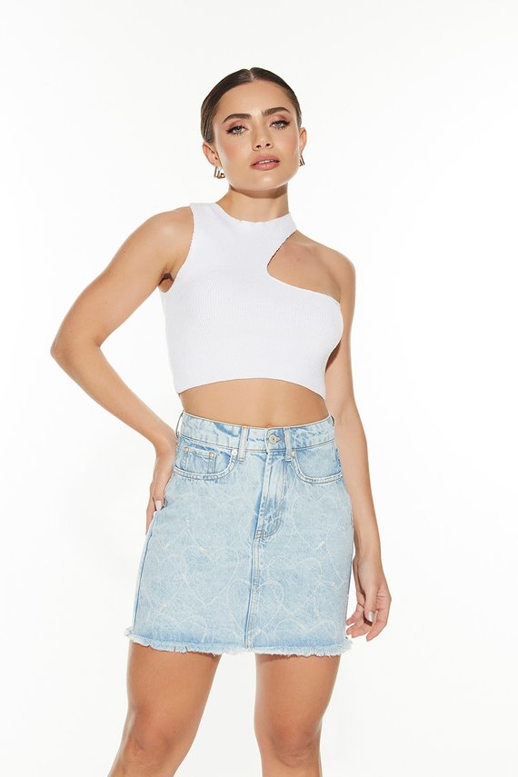 Saia Jeans Feminina Regular com Corações feito a Laser - DZ7272