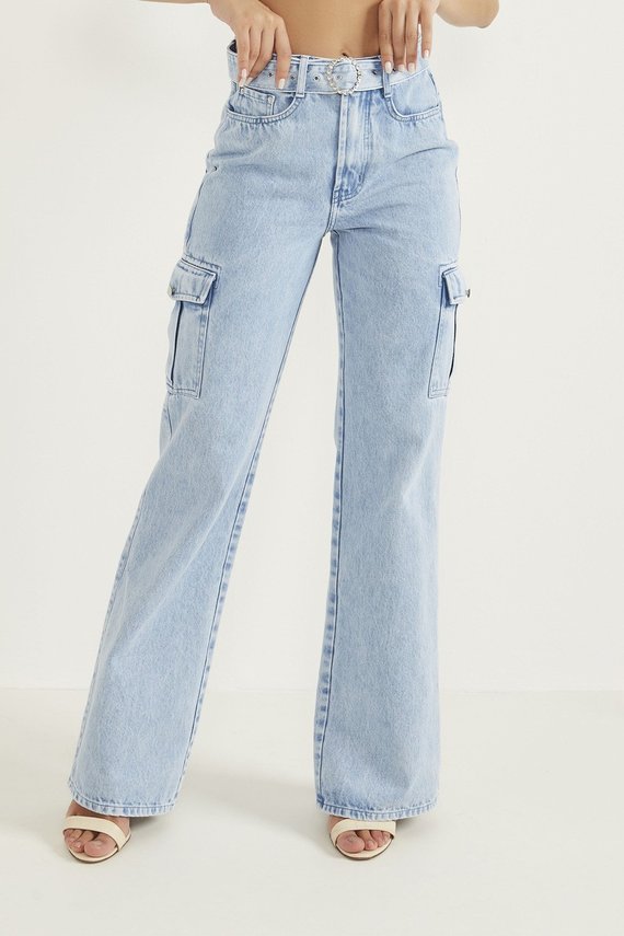 Calça Jeans Feminina Wide Leg Cargo com Cinto - DZ20593