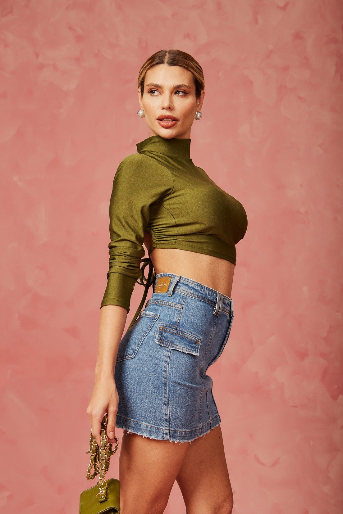 dz7279 com saia jeans feminina tubinho hot pants com recortes frontais denim zero lado 2