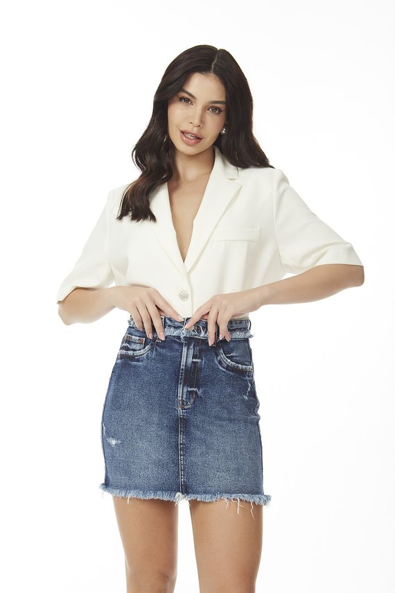 Saia Jeans Feminina Tubinho Hot Pants com Desfiado no Cós - DZ7277