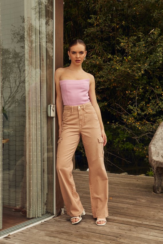 Calça Jeans Feminina  Wide Leg Cargo - DZ20595