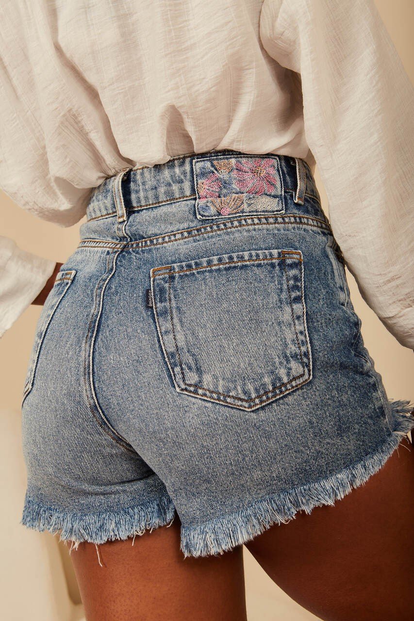 dz6716 alg shorts jeans feminino setentinha mini com bordado nos bolsos denim zer 2