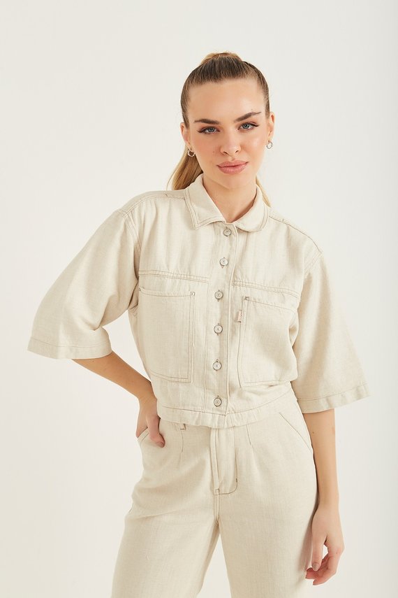 Camisa Jeans Feminina Oversized Cropped Manga Curta - DZ9189