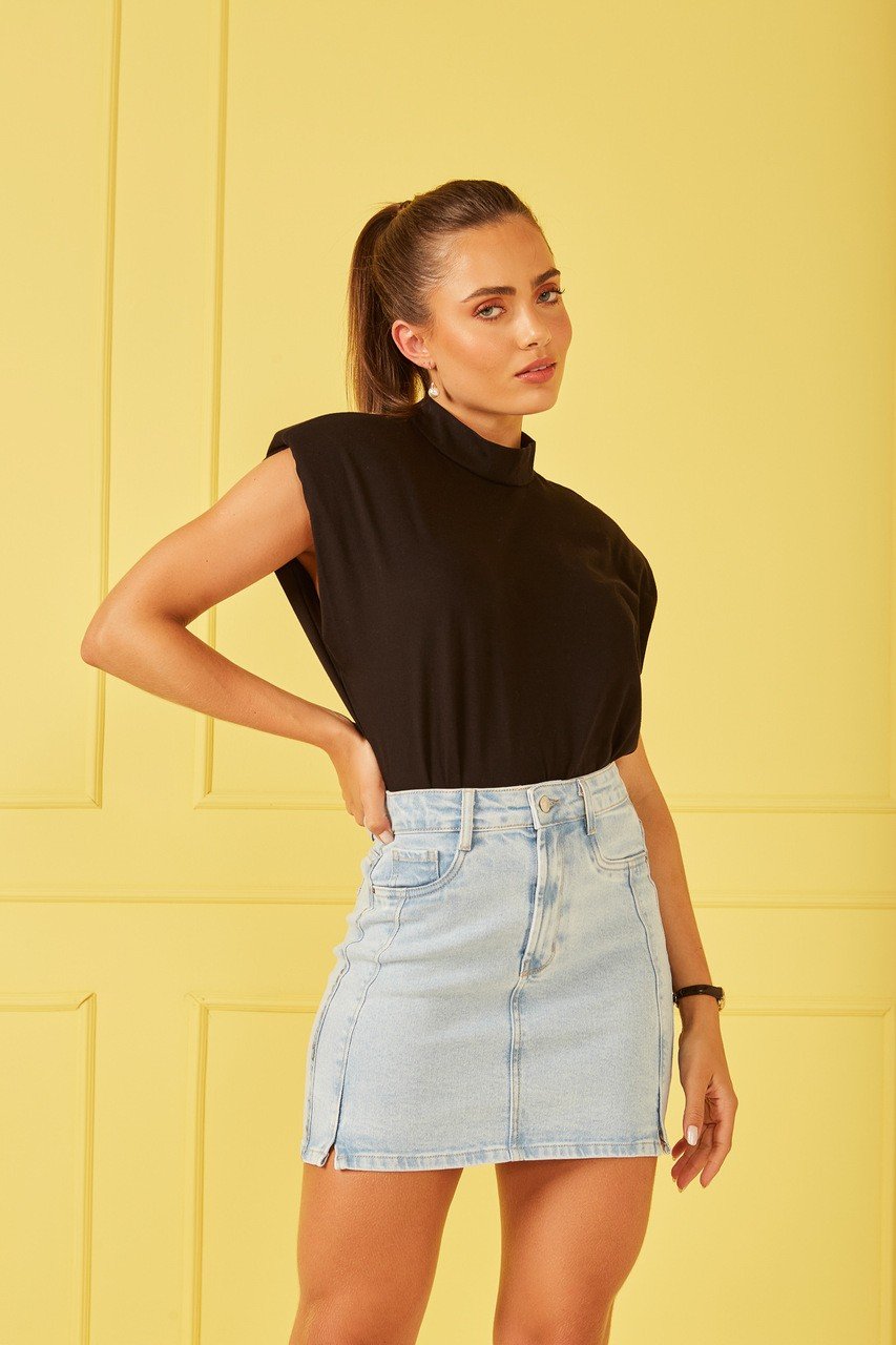 dz7280 com saia jeans feminina tubinho com leve abertura na frente denim zero frente