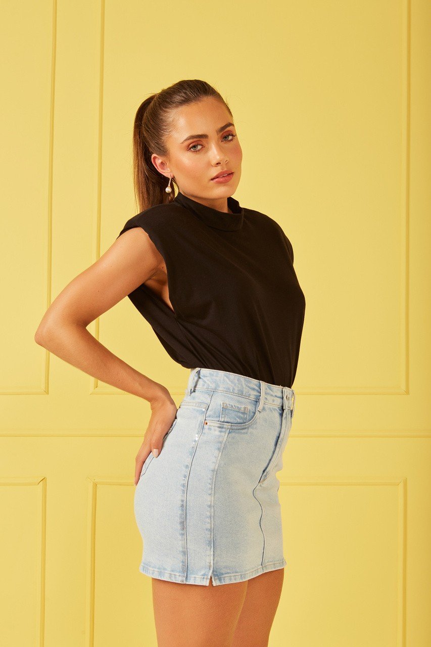 dz7280 com saia jeans feminina tubinho com leve abertura na frente denim zero lado 1