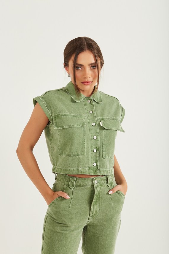 Camisa Jeans Feminina Oversized Cropped Sem Manga- DZ9190