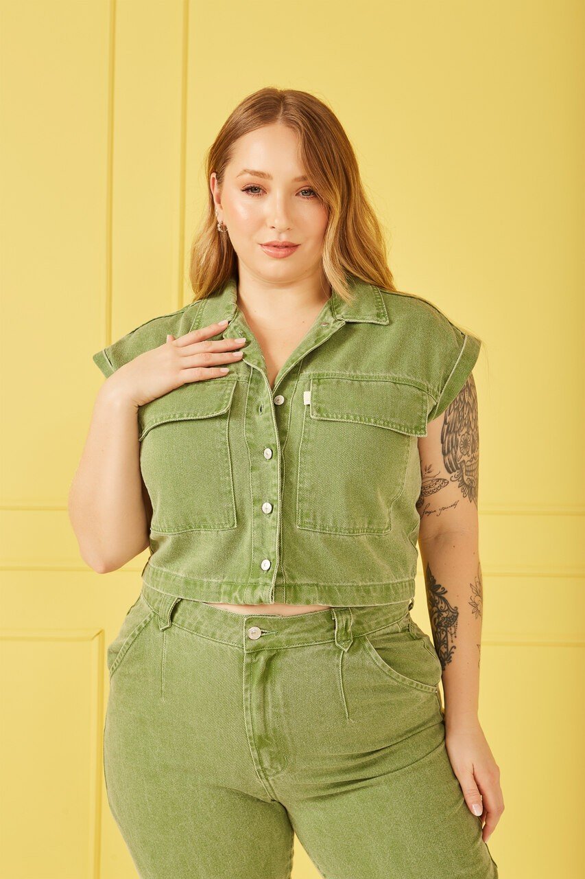 dz9190 alg camisa jeans feminina oversize cropped sem manga denim zero frente 1 ea