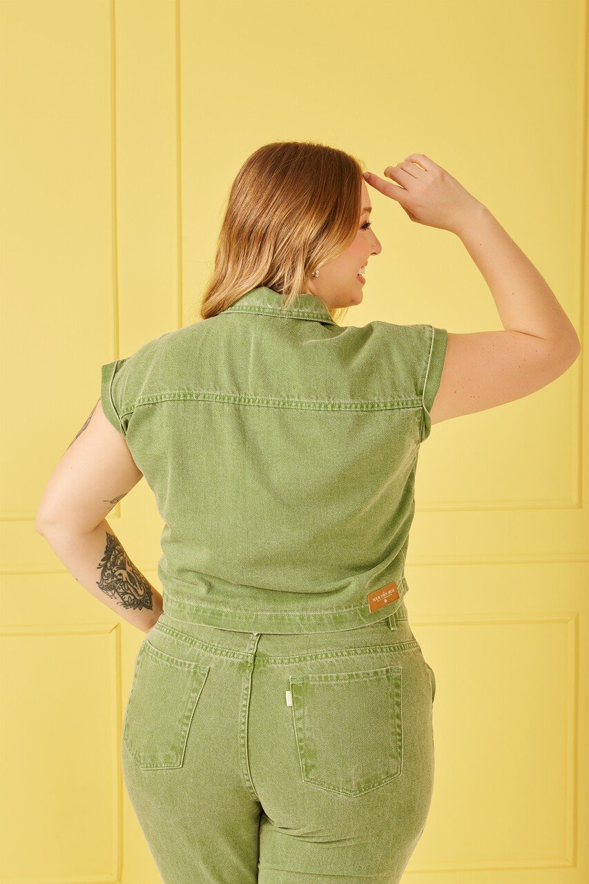 dz9190 alg camisa jeans feminina oversize cropped sem manga denim zero costas 2 eas