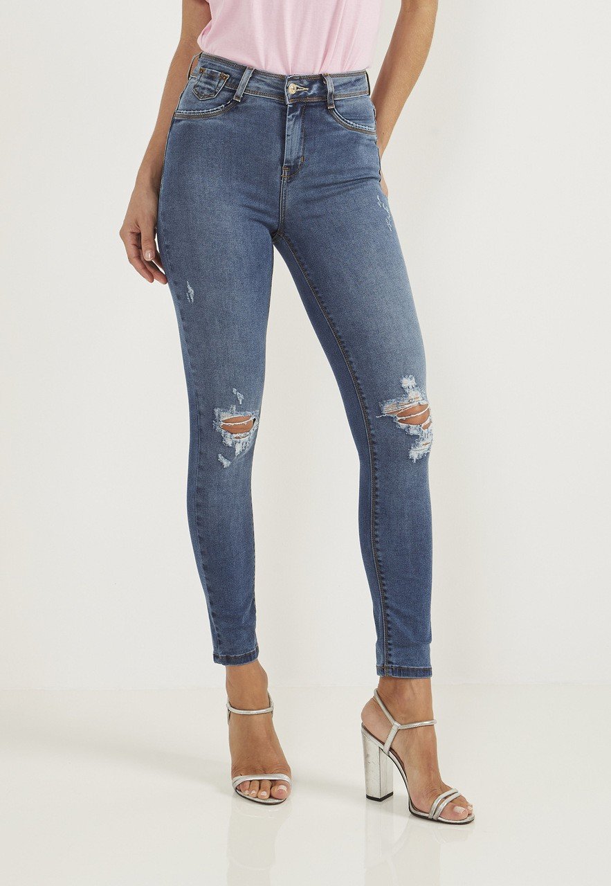 dz20097 re calca jeans feminina skinny cigarrete cintura media com rasgos no joelho fr