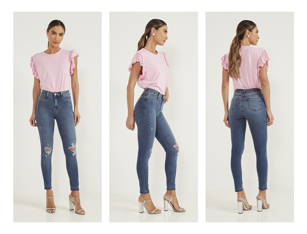dz20097 re calca jeans feminina skinny cigarrete cintura media com rasgos no joelho trio