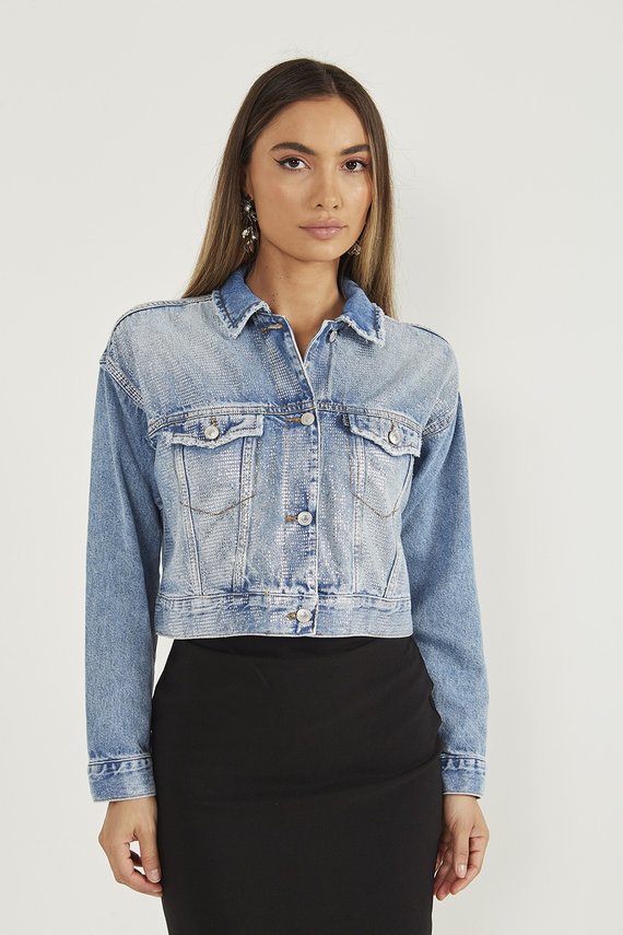 Jaqueta Jeans Feminina Retrô Cropped com Aplicação de Foil - DZ9192